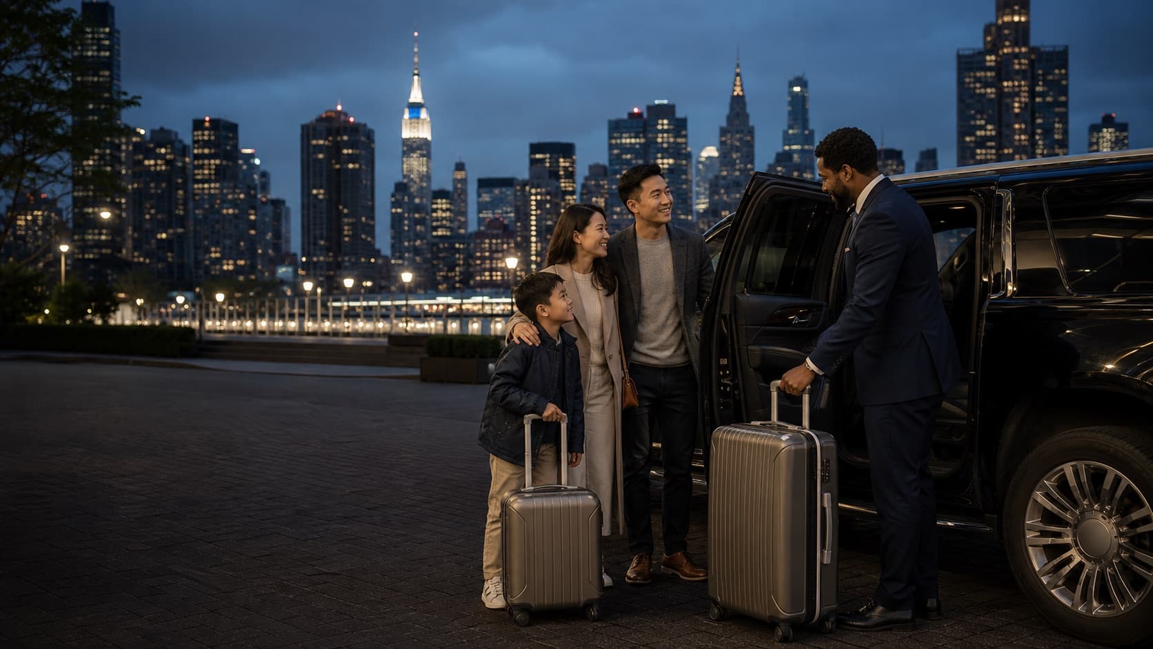 Professional private driver helping travelers with luggage in New York
